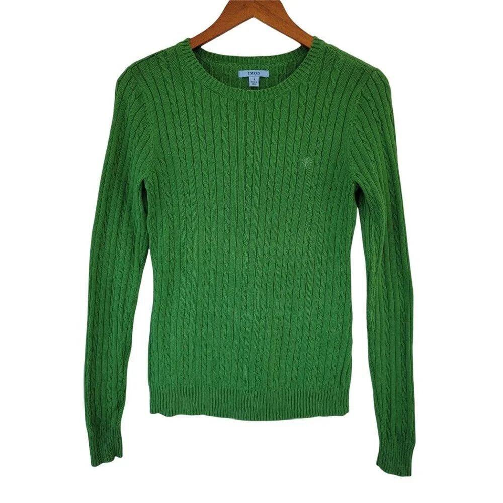 IZOD Cable Knit Sweater Womens Size S Bright Green Long Sleeve Cotton Pullover